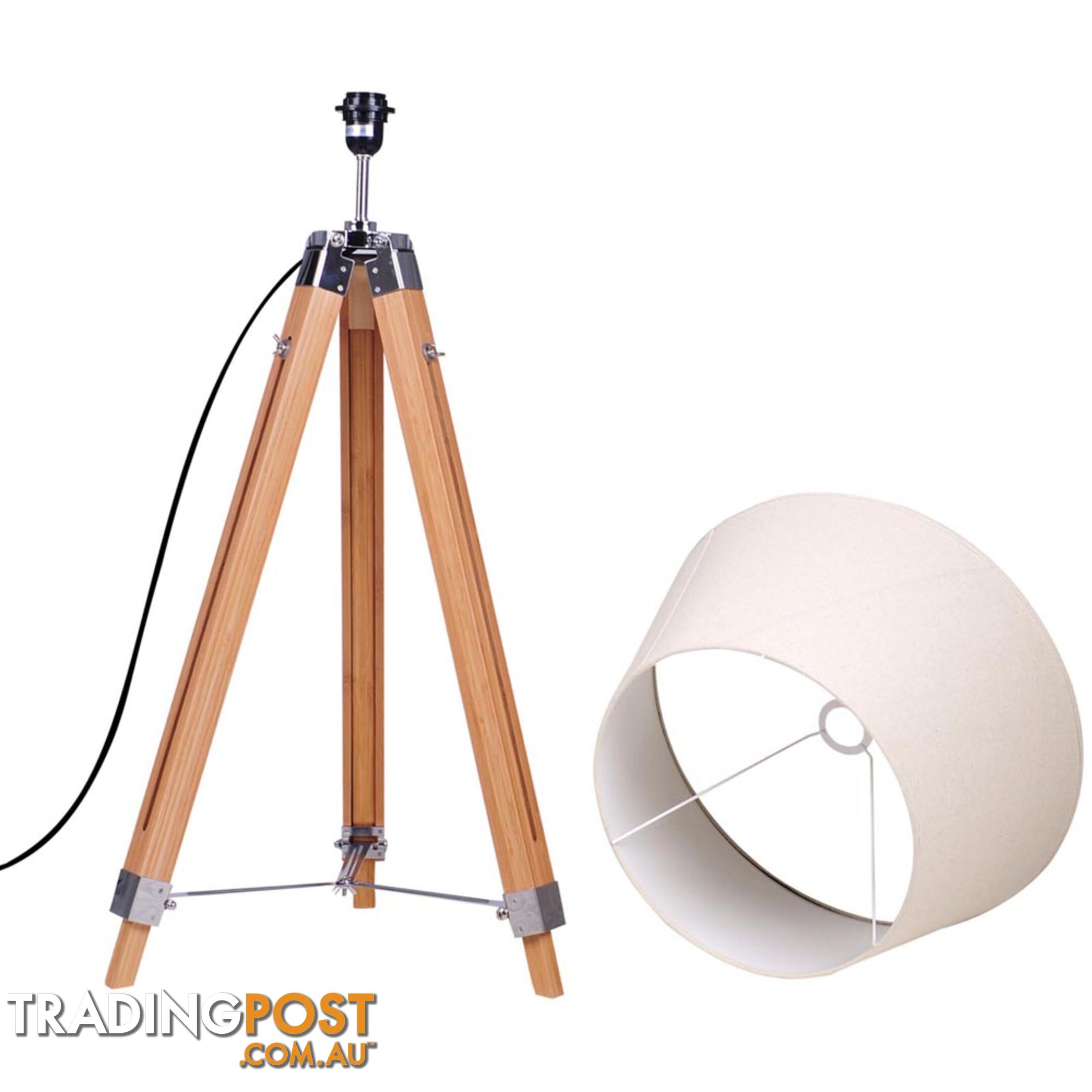 Floor Lamp Wooden Tripod Beige Linen Shade Bamboo Brown