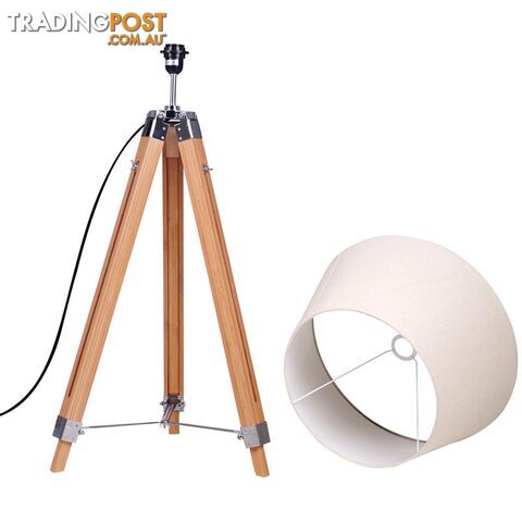 Floor Lamp Wooden Tripod Beige Linen Shade Bamboo Brown