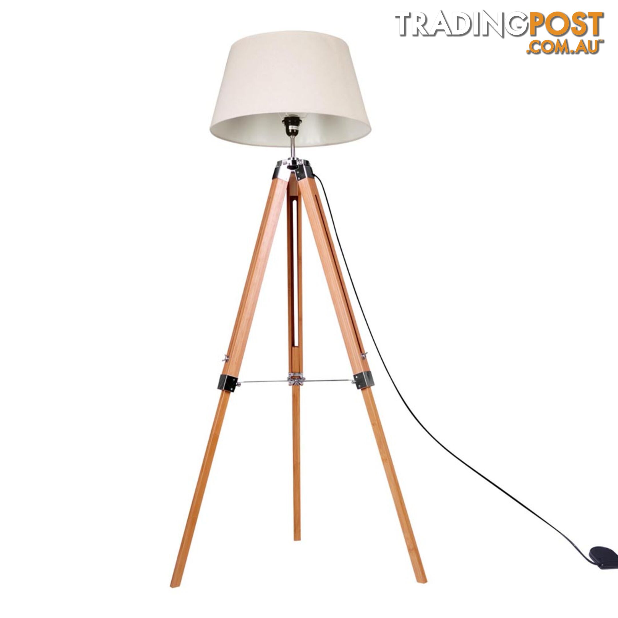 Floor Lamp Wooden Tripod Beige Linen Shade Bamboo Brown