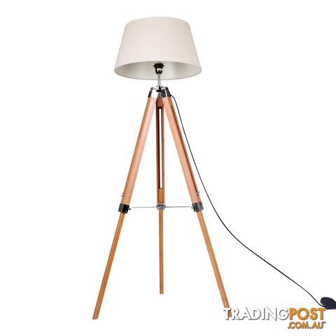 Floor Lamp Wooden Tripod Beige Linen Shade Bamboo Brown