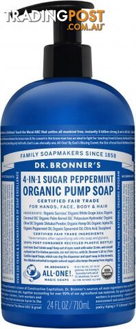 Dr Bronner's Organic Pump Soap Peppermint 710ml - Dr Bronner's - 018787960028