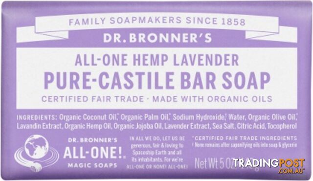 Dr Bronner's Pure Castile Bar Soap Lavender 140g - Dr Bronner's - 018787784051