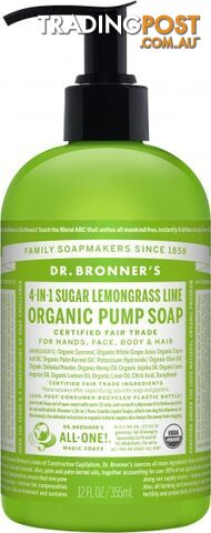 Dr Bronner's Organic Pump Soap Lemongrass Lime 355ml - Dr Bronner's - 018787950050