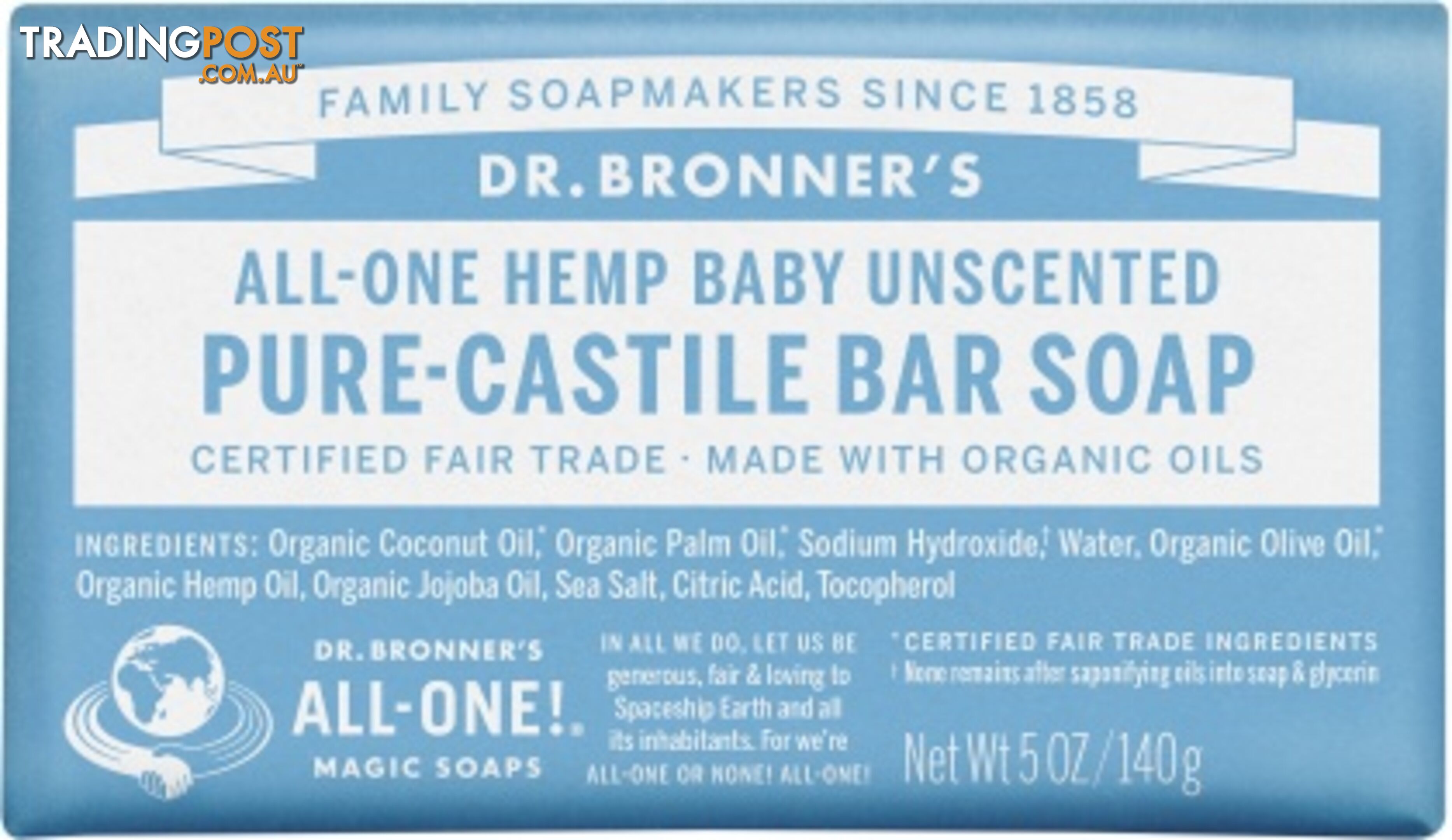 Dr Bronner's Pure Castile Bar Soap Baby Unscented 140g - Dr Bronner's - 018787782057