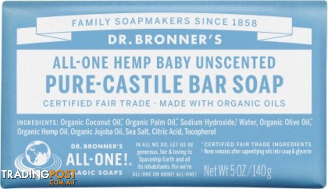 Dr Bronner's Pure Castile Bar Soap Baby Unscented 140g - Dr Bronner's - 018787782057