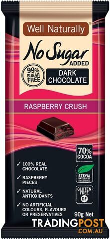 Well Naturally No Sugar Added Dark Chocolate Raspberry Crush Block  12x90g - Well Naturally - 9311914700285