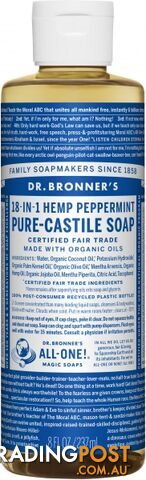Dr Bronner's Pure Castile Liquid Soap Peppermint 237ml - Dr Bronner's - 018787775080