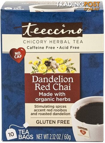 Teeccino Dandelion Red Chai Roasted Herbal Tea 10 Teabags - Teeccino Caffeine Free - 795239433209