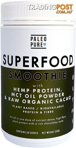 Paleo Pure Superfood Smoothie with Hemp Protein, MCT Oil Powder & Raw Organic Cacao 250g - Paleo Pure - 9354604000036