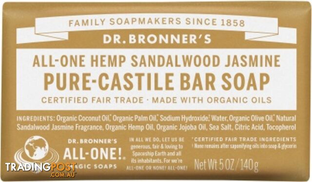 Dr Bronner's Pure Castile Bar Soap Sandalwood Jasmine 140g - Dr Bronner's - 018787792056