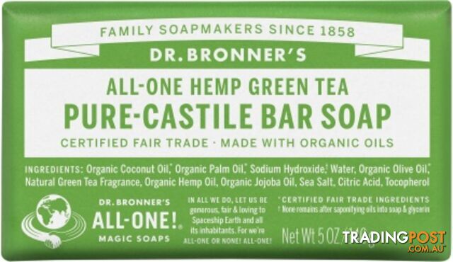 Dr Bronner's Pure Castile Bar Soap Green Tea 140g - Dr Bronner's - 018787789056