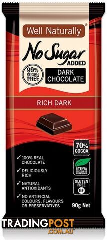 Well Naturally No Added Sugar Rich Dark Chocolate 12x90g - Well Naturally - 9311914611208