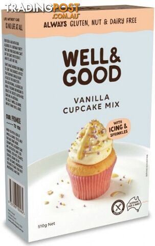 Well And Good Vanilla Cup Cake Mix + Frosting & Colour Sprinkles  510g - Well & Good - 9337096100484