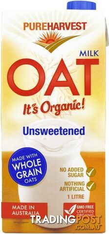 Pure Harvest Organic Oat Unsweetened Milk 1litre - Pure Harvest - 9312231222023