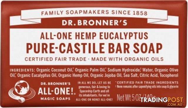 Dr Bronner's Pure Castile Bar Soap Eucalyptus 140g - Dr Bronner's - 018787783054