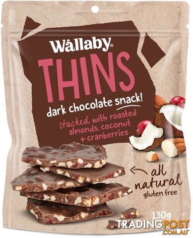 Wallaby Thins Dark Chocolate Snack with Roasted Almonds,Coconut & Cranberries...