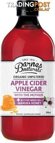Barnes Naturals Organic Apple Cider Vinegar with Manuka Honey 500ml - Barnes...