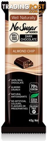 Well Naturally No Sugar Added Dark Chocolate Almond Chip 45gx16Bars - Well Naturally - 9311914601537