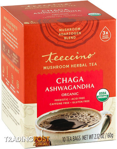 Teeccino Chaga Ashwagandha Mushroom Adaptogen 10Teabags Box 60g - Teeccino...