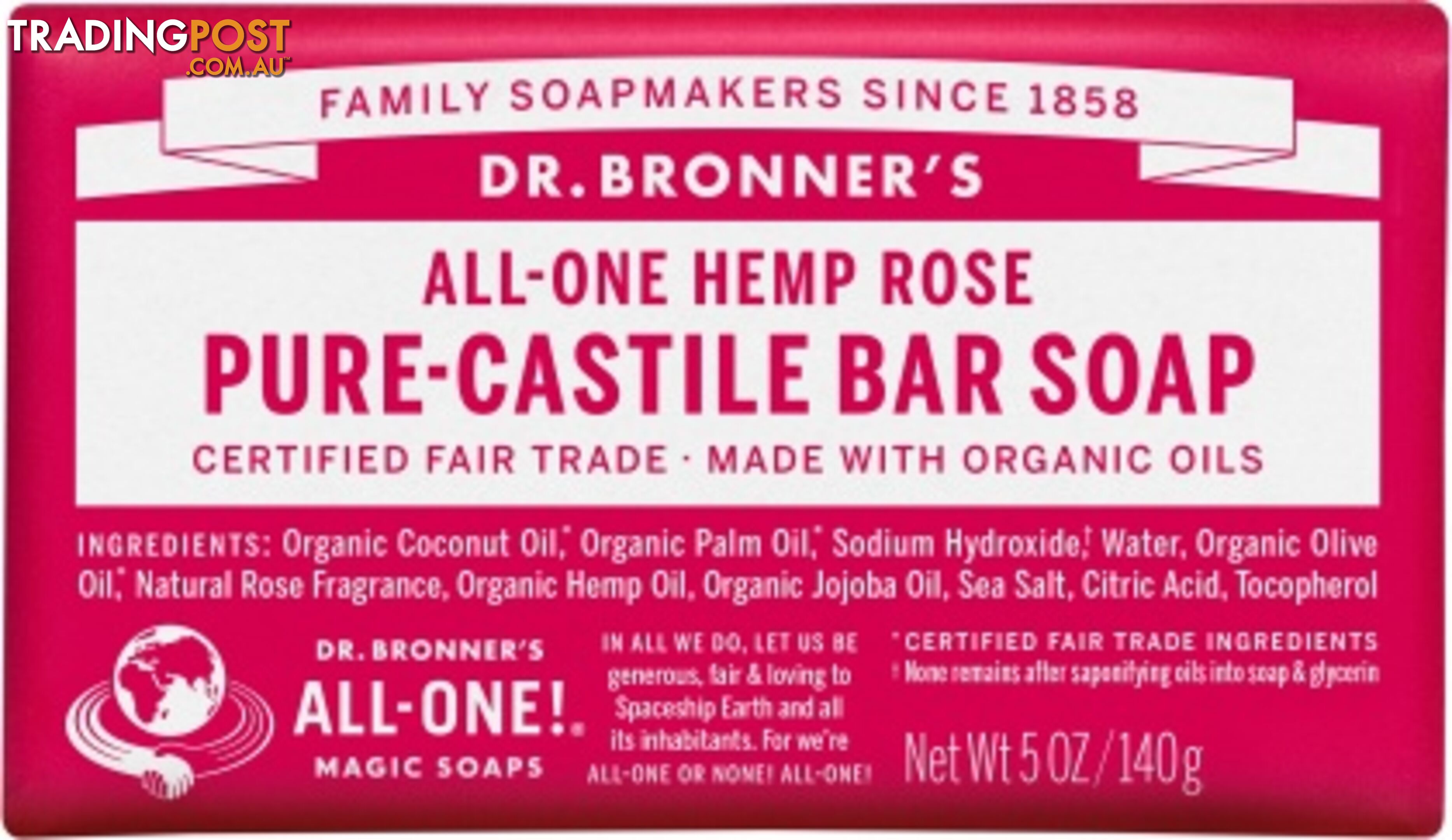 Dr Bronner's Pure Castile Bar Soap Rose 140g - Dr Bronner's - 018787788059