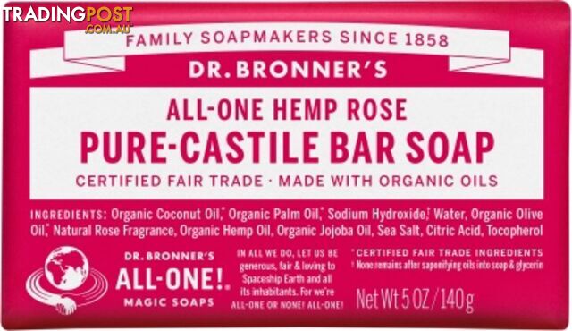 Dr Bronner's Pure Castile Bar Soap Rose 140g - Dr Bronner's - 018787788059