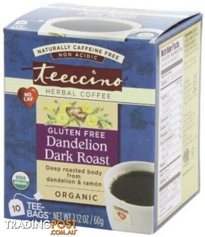 Teeccino Organic Dandelion Dark Roast G/F 10 Tee-Bags - Teeccino Caffeine Free -...