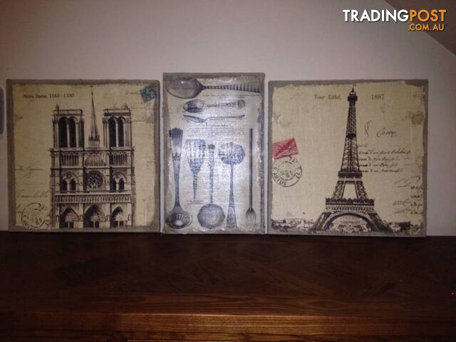 Far Pavilion Set of 3Painting-Notre Dame,Sectional plate & Eiffel