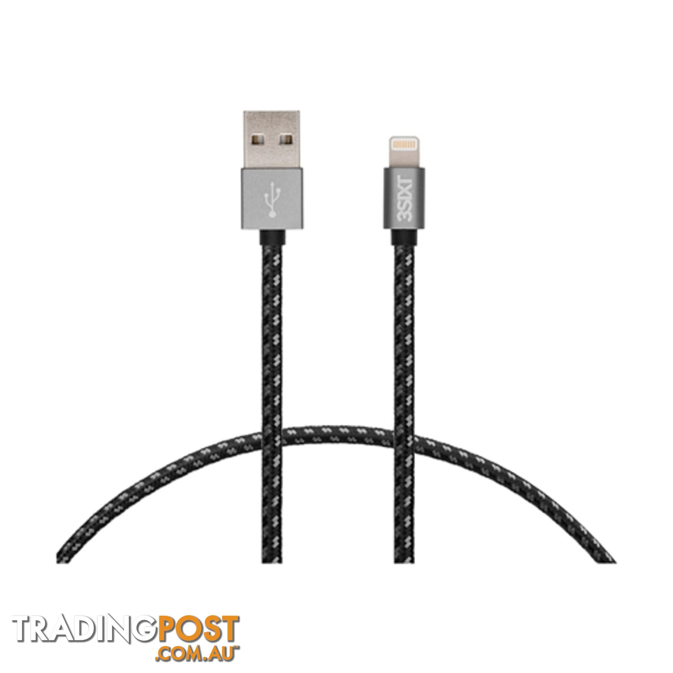 3SIXT 2M Braided Nylon Cable USB Type A to Lightning - Black - 9318018128700/3S-1123 - 3SIXT