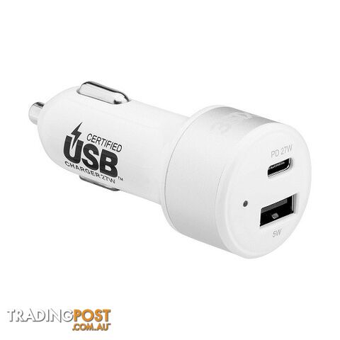 3SIXT Car Charger 27W USB-C Power Delivery + USB-C/C Cable 1m - White - 9318018127857/3S-1034 - 3SIXT