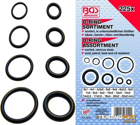 BGS Germany 225-piece Mechanics Plumbers Metric Rubber O-Ring Assortment 3-22mm