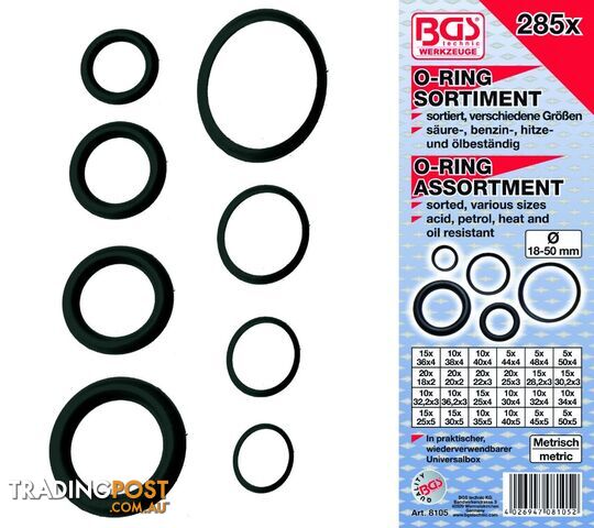 BGS Germany 285-pcs Rubber O-Ring Assortment 18mm-50mm ACID OIL PETROL RESISTANT