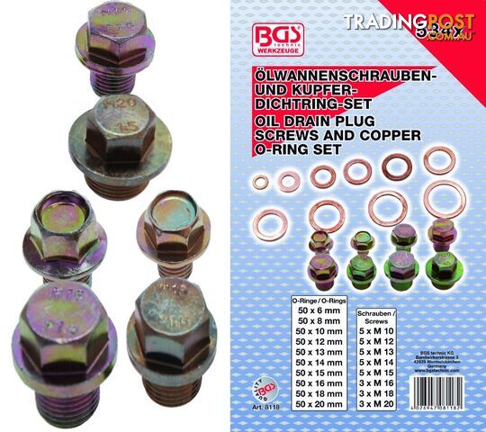 BGS Germany 534-pc Sump Oil Pan Drain Plug O-Ring Copper Washer Metric Asortment
