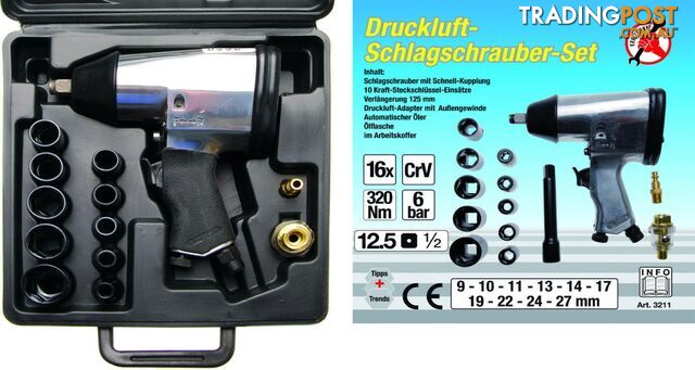 BGS Germany 1/2" Drive Air Impact Driver Rattle Gun Wrench 1/2" Socket Set 320Nm