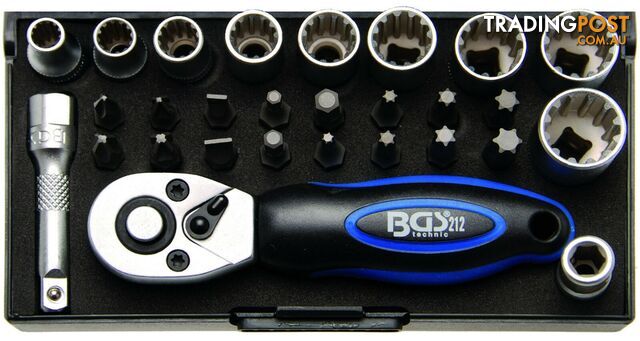 BGS Germany 28-Pc 1/4"Drive Reversible Ratchet Metric AF SAE Torx Socket Bit Set