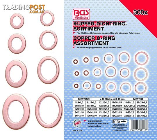 BGS Germany 300-piece Mechanics Metric Sizes Copper O-Ring Assortment Bulk Buy