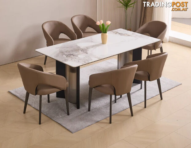 White Sintered Stone Dining Table with Sculptural Steel Base