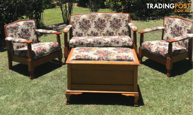 Antique Silky Oak Lounge chairs and blanket box