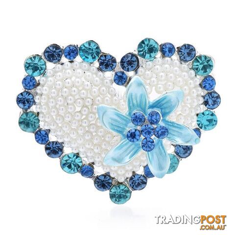 Designer Blue Simulated Diamond & Pearl Floral Love Heart Brooch Pin