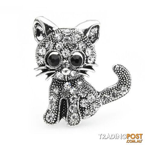 Designer Simulated Diamond Silver Cat Brooch Pin