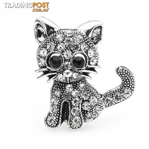 Designer Simulated Diamond Silver Cat Brooch Pin
