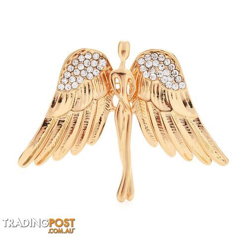 Designer Simulated Diamond White Wings Angel Brooch Pin in Gold