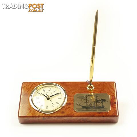Table Clock With Pen On Wooden Plaque