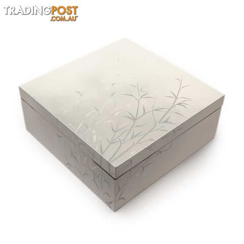 Lacquer Square Box - White, Bamboo Pattern