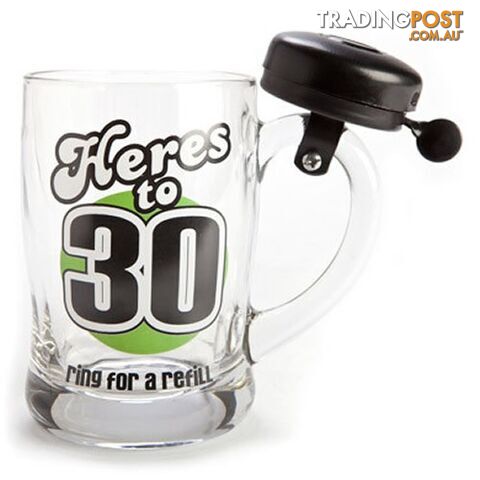 30th Birthday Beer Mug with Bell - Here's to 30, Ring for a Refill