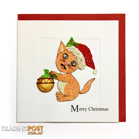 Christmas Quilling Handcrafted Card Cat with Xmas hat