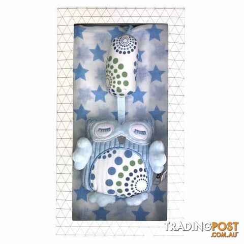 ES Kids - Blue Muslin and Owl Pram Toy 2Pcs Gift Set