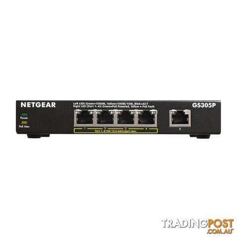 Netgear GS305P-200AUS SOHO 5-port Gigabit Unmanaged Switch with 4-port PoE (56W PoE budget)