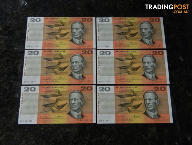6 x $20 Consecutive AUNC Australian bank Notes
