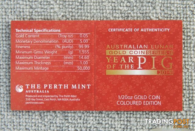 🐖 Perth Mint 1/20oz Gold Coin Coloured Lunar Year of the Pig 🐖