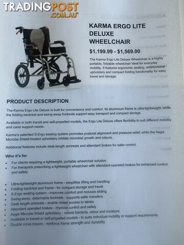 Wheelchair KARMA ERGO LITE DELUX- Brand new -never out of the box
